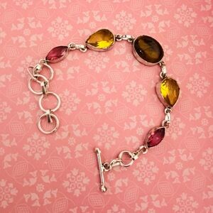 Elegant Sterling Silver .925 Bracelet with Yellow and Red Authentic Gemstones.